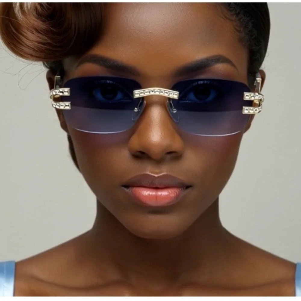 Rimless Gradient Blue‎ Lens Sunglasses Rhinestone Embellished Gold Tone Frames